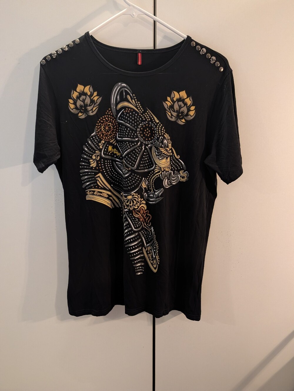 Ay Guey Black Stud-Shoulder Gothic Graphic Tee with Gold Accent Medium